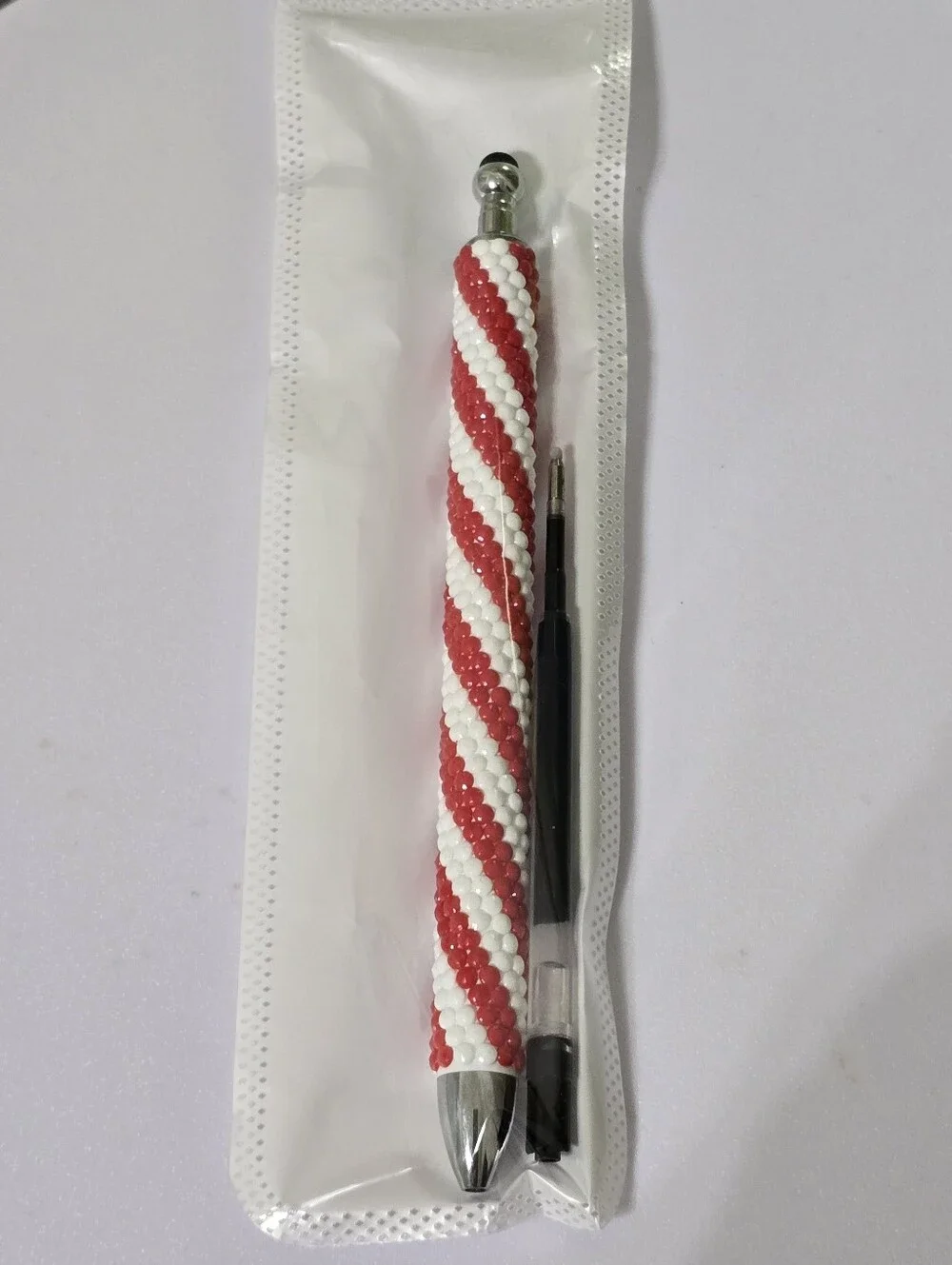 Handmade Diamond Dot Beaded Pen Red White Refillable Gel Ink Stylus Gift